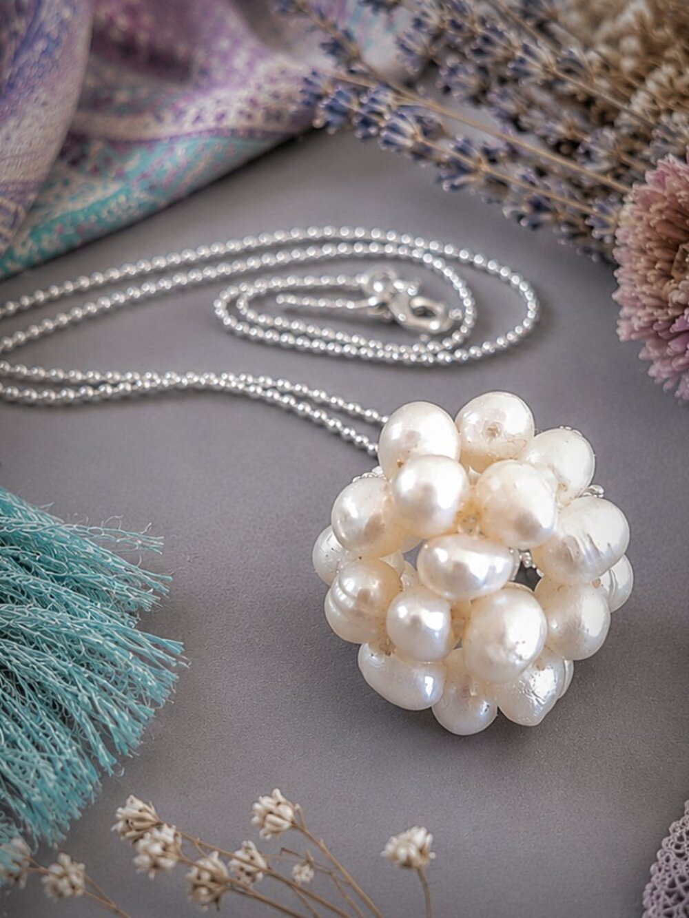 Freshwater Pearl Pendant Necklace Real Pearl Cluster Sterling Silver